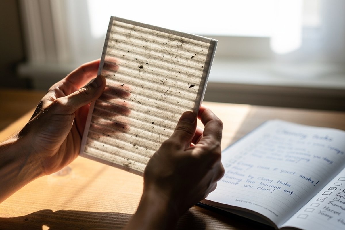Hands holding a vacuum cleaner filter up to a bright window