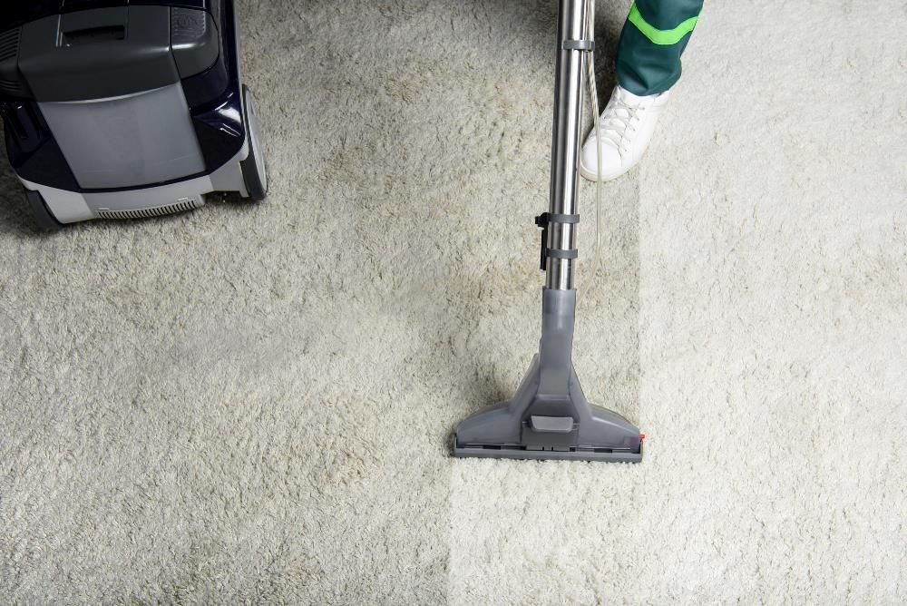Person using a carpet cleaner on living room carpet