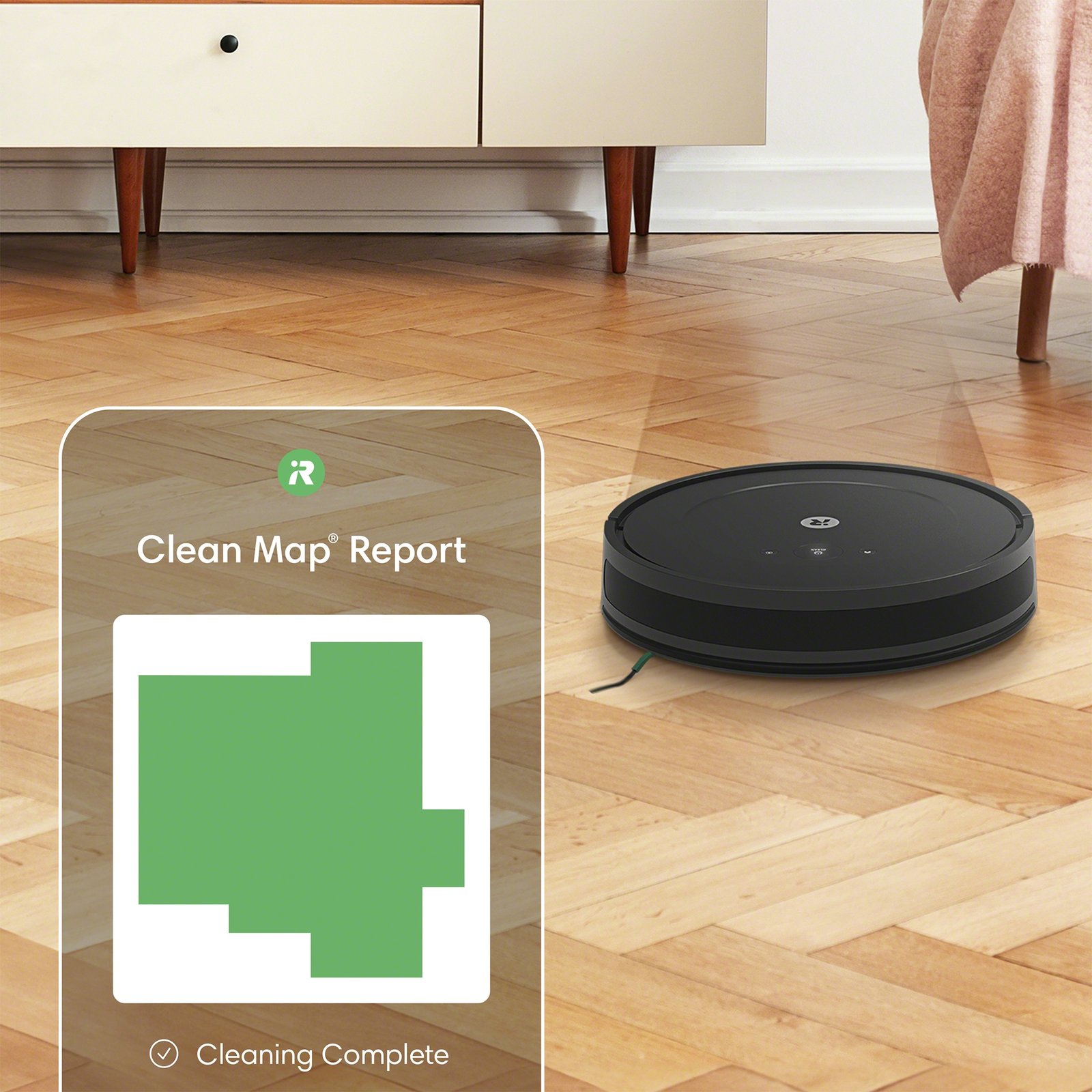 iRobot Roomba Combo Essential controlled via phone app in living room